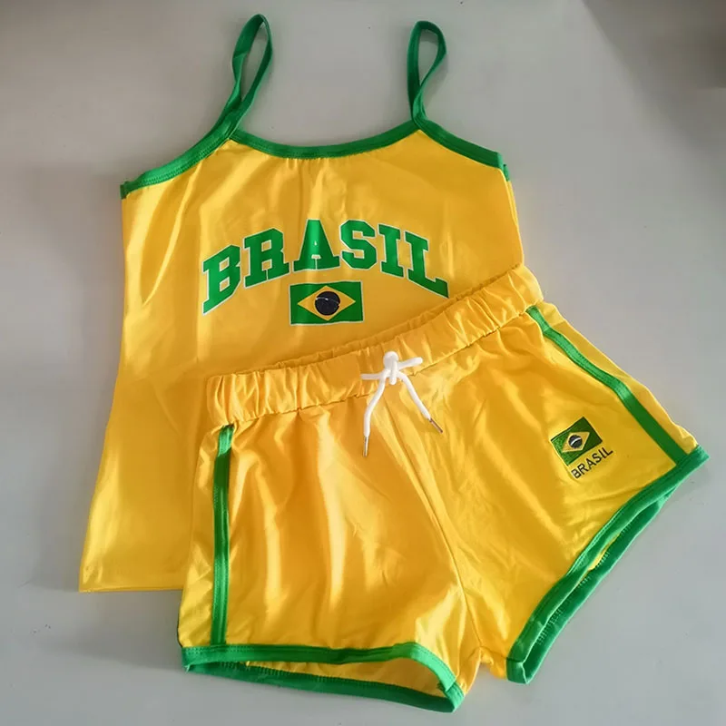Two Piece Set Y2k Sling+shorts Brasil Letter Printing Tank Top Summer Women Backless Slim Sleeveless Camisole Crop Tops T Shirt