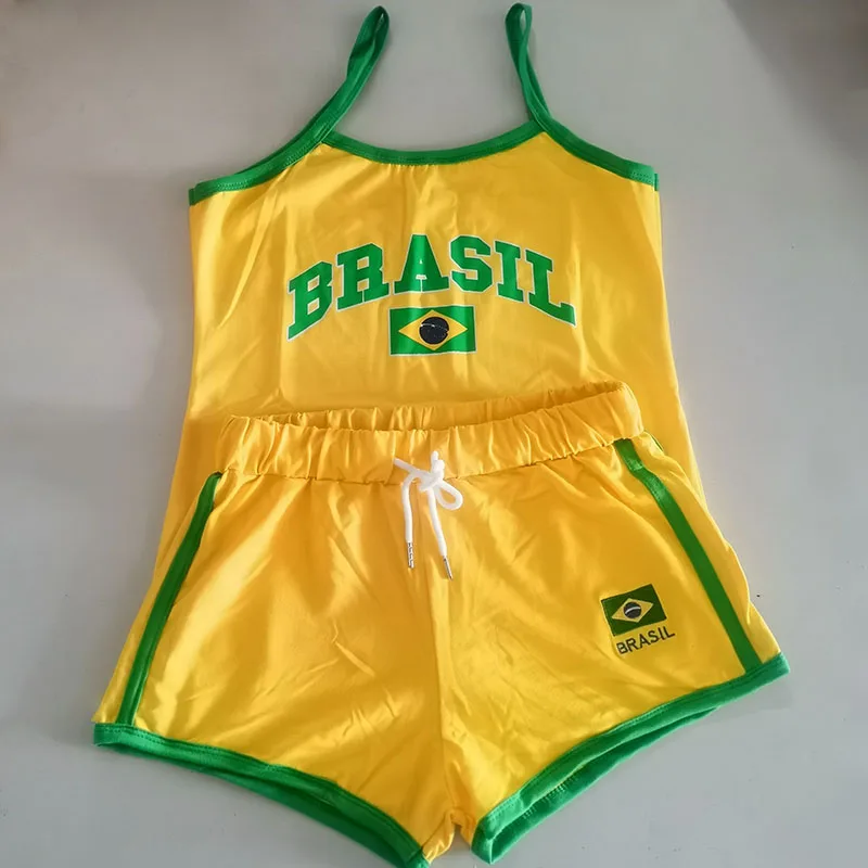 Two Piece Set Y2k Sling+shorts Brasil Letter Printing Tank Top Summer Women Backless Slim Sleeveless Camisole Crop Tops T Shirt