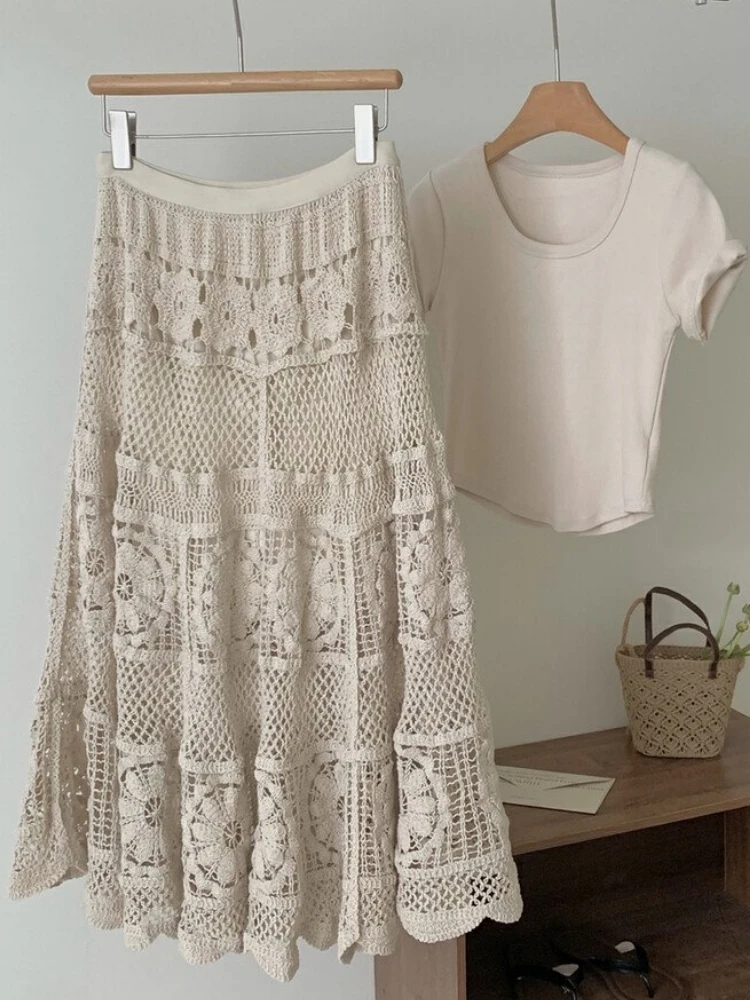Mid Long Skirt Women Knitted Skirt 2024 Goth Lolita Spring Summer High Waisted Holllow Out Crochet Floral Pleated Skirts rok