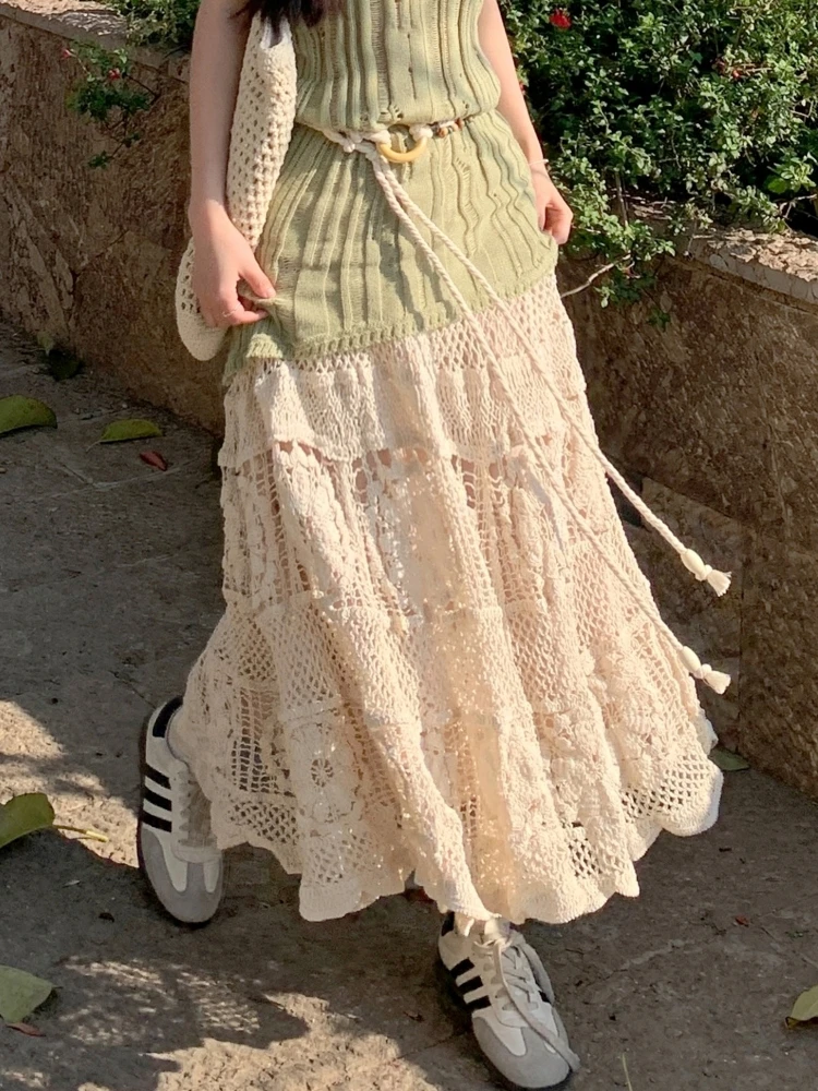 Mid Long Skirt Women Knitted Skirt 2024 Goth Lolita Spring Summer High Waisted Holllow Out Crochet Floral Pleated Skirts rok