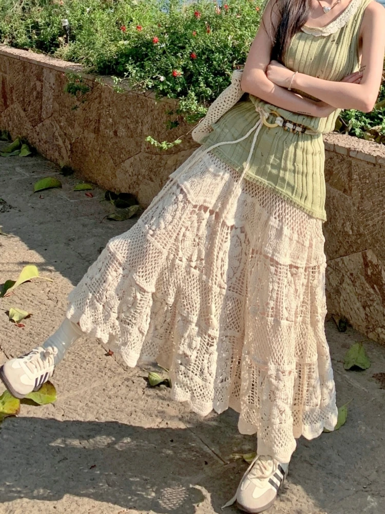 Mid Long Skirt Women Knitted Skirt 2024 Goth Lolita Spring Summer High Waisted Holllow Out Crochet Floral Pleated Skirts rok