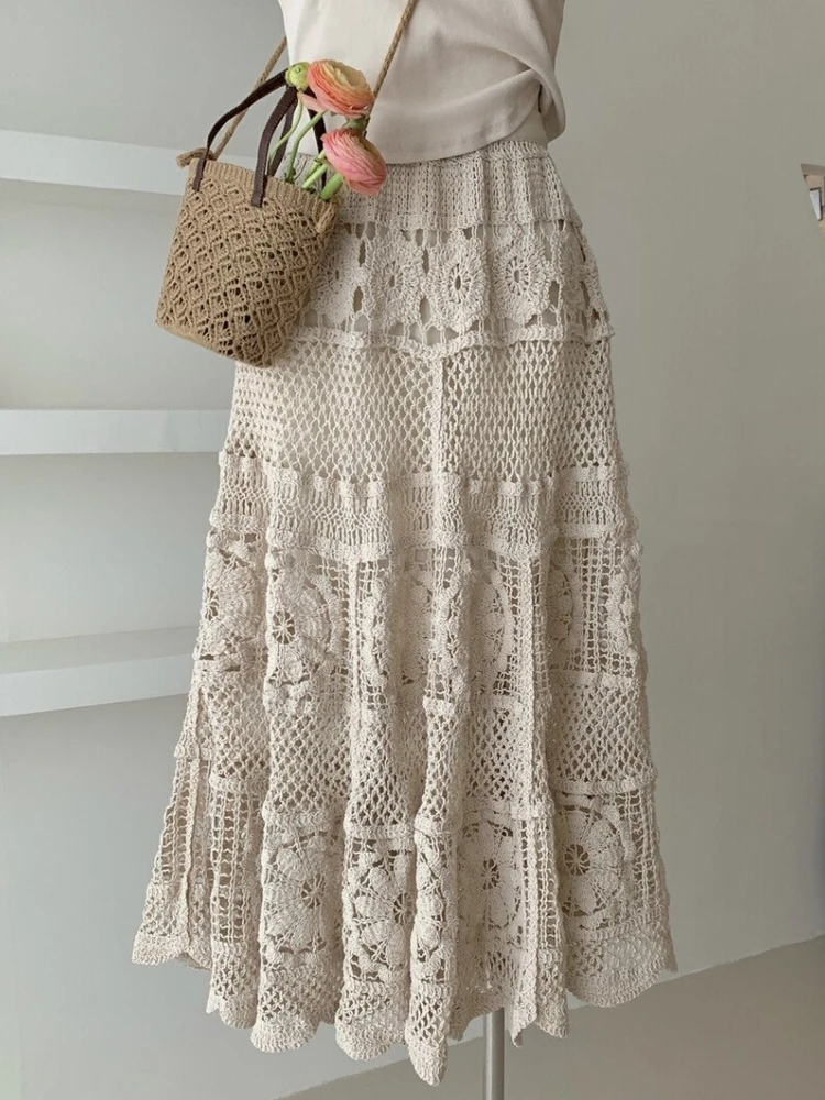 Mid Long Skirt Women Knitted Skirt 2024 Goth Lolita Spring Summer High Waisted Holllow Out Crochet Floral Pleated Skirts rok