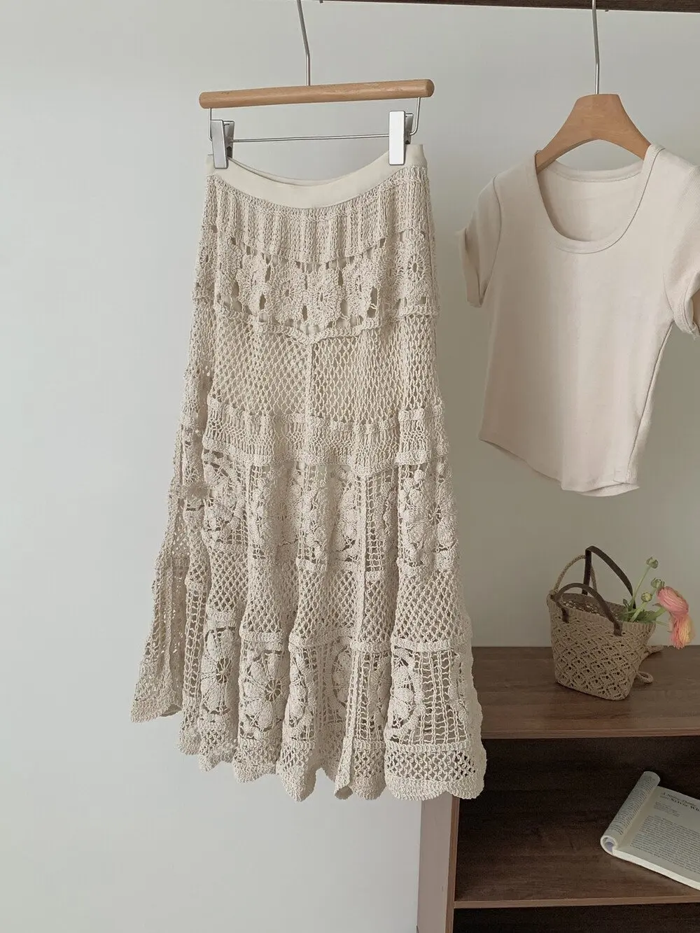 Mid Long Skirt Women Knitted Skirt 2024 Goth Lolita Spring Summer High Waisted Holllow Out Crochet Floral Pleated Skirts rok