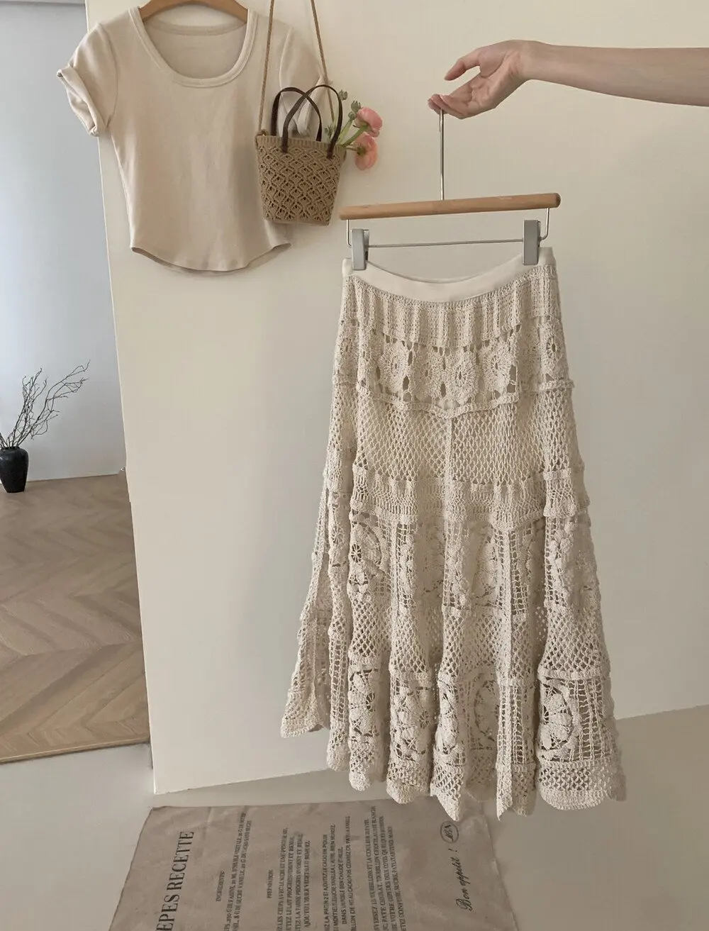 Mid Long Skirt Women Knitted Skirt 2024 Goth Lolita Spring Summer High Waisted Holllow Out Crochet Floral Pleated Skirts rok