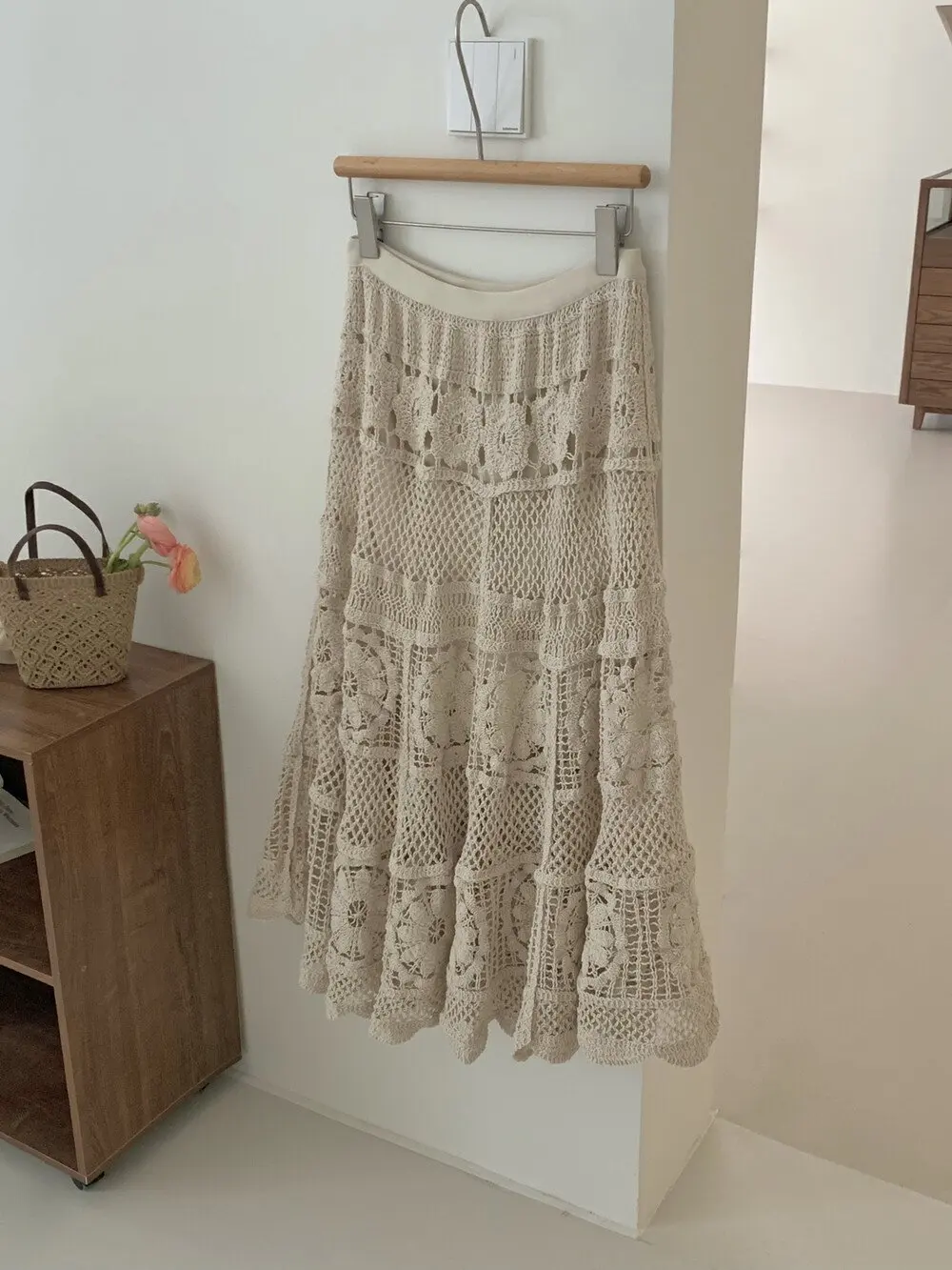 Mid Long Skirt Women Knitted Skirt 2024 Goth Lolita Spring Summer High Waisted Holllow Out Crochet Floral Pleated Skirts rok