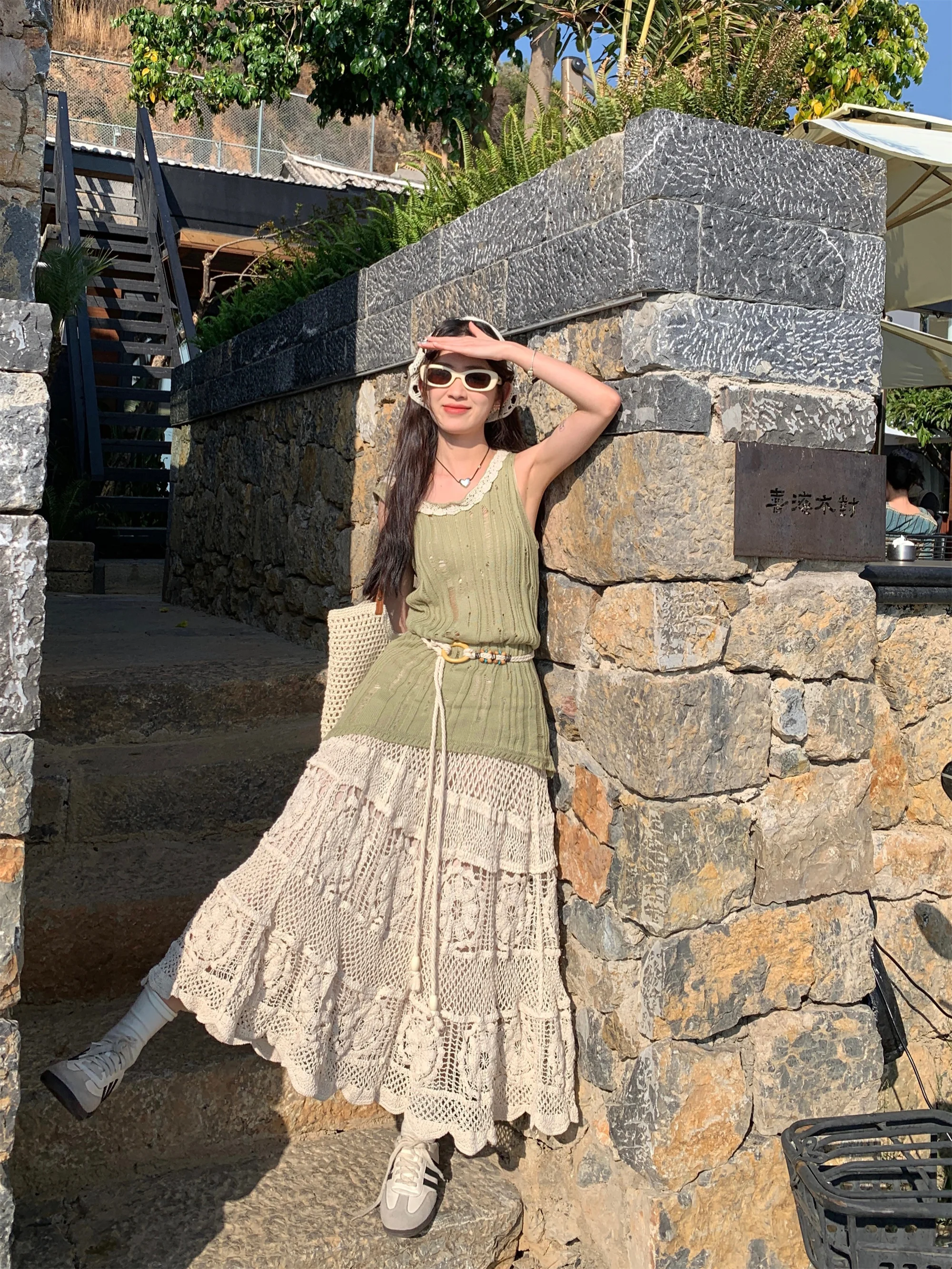 Mid Long Skirt Women Knitted Skirt 2024 Goth Lolita Spring Summer High Waisted Holllow Out Crochet Floral Pleated Skirts rok