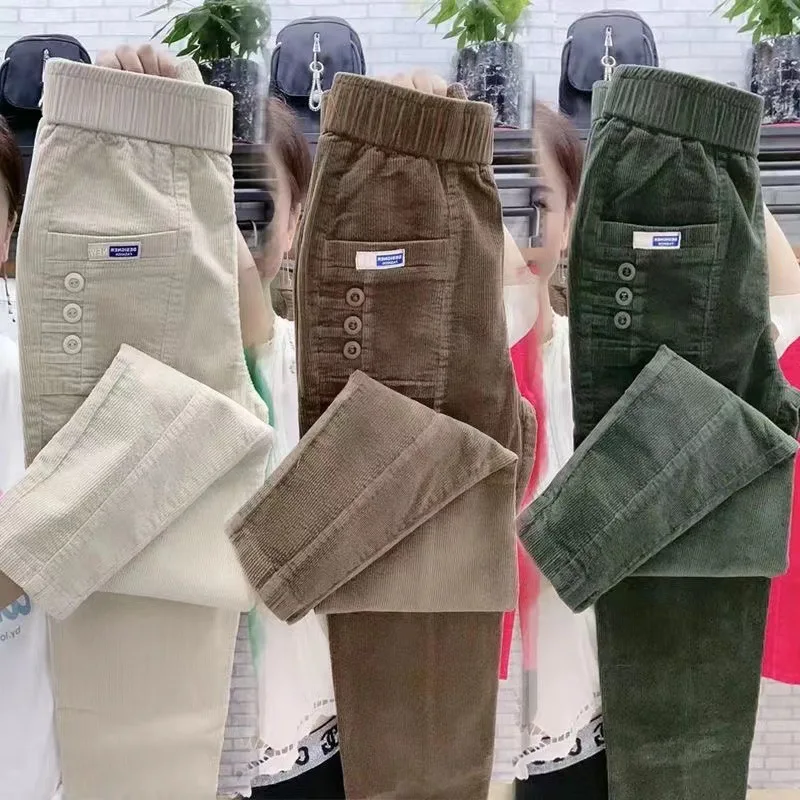 Women Warm Spring Winter Button Pockets Ruffles Vintage Big Large Plus Sizes Casual Party Fashion Loose Pant