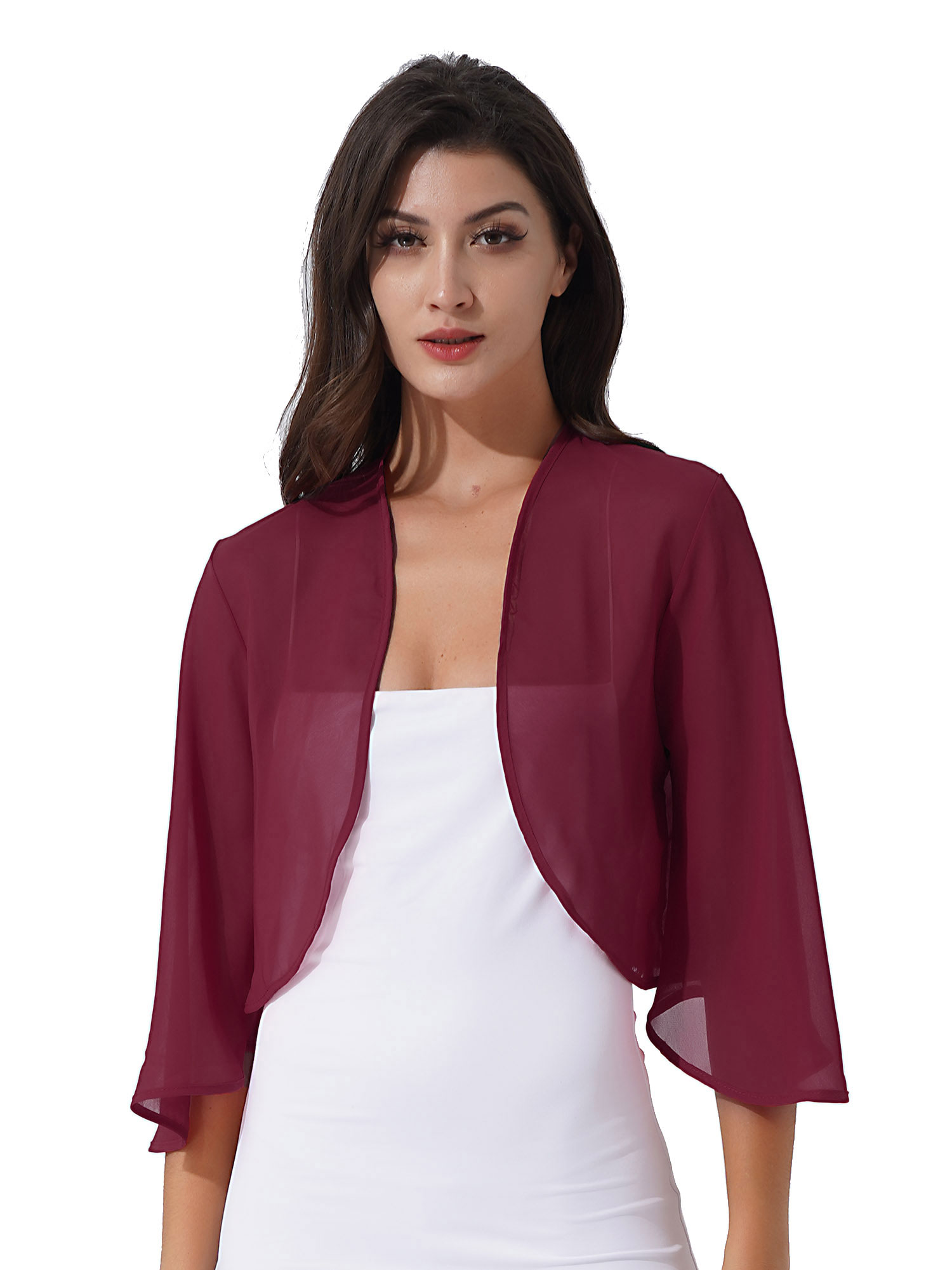 Womens 3/4 Sleeve Chiffon Cardigan Bolero Elegant Summer Ladies Wedding Wraps Shrug Bridal Bolero Long Shawl Evening Cover Up