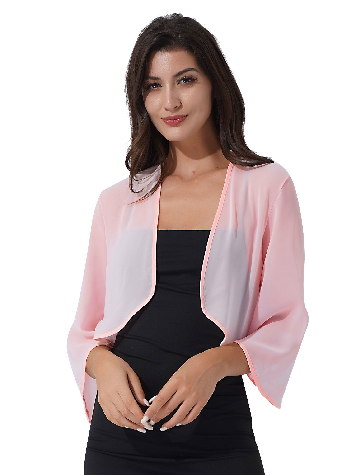 Womens 3/4 Sleeve Chiffon Cardigan Bolero Elegant Summer Ladies Wedding Wraps Shrug Bridal Bolero Long Shawl Evening Cover Up