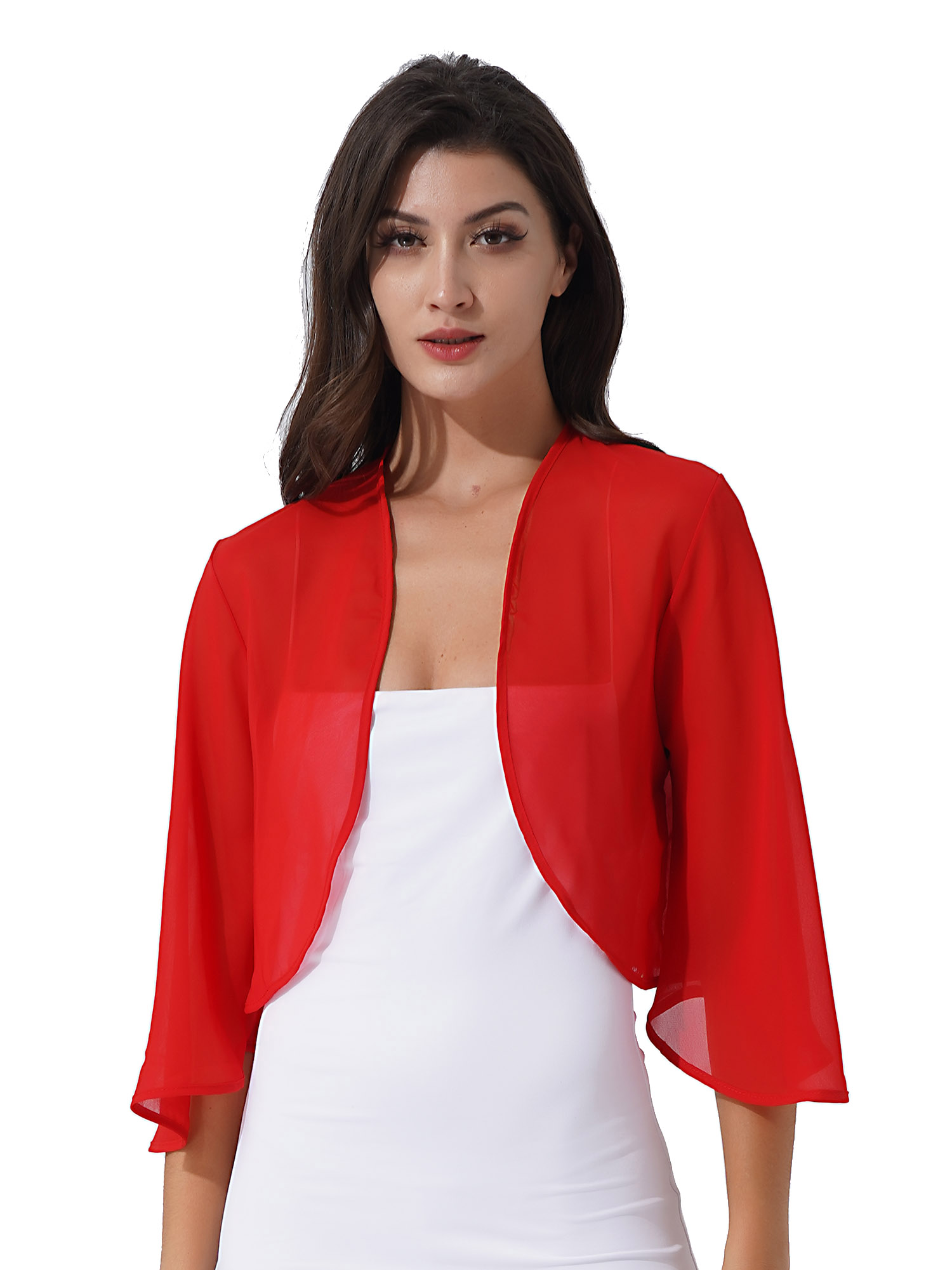 Womens 3/4 Sleeve Chiffon Cardigan Bolero Elegant Summer Ladies Wedding Wraps Shrug Bridal Bolero Long Shawl Evening Cover Up