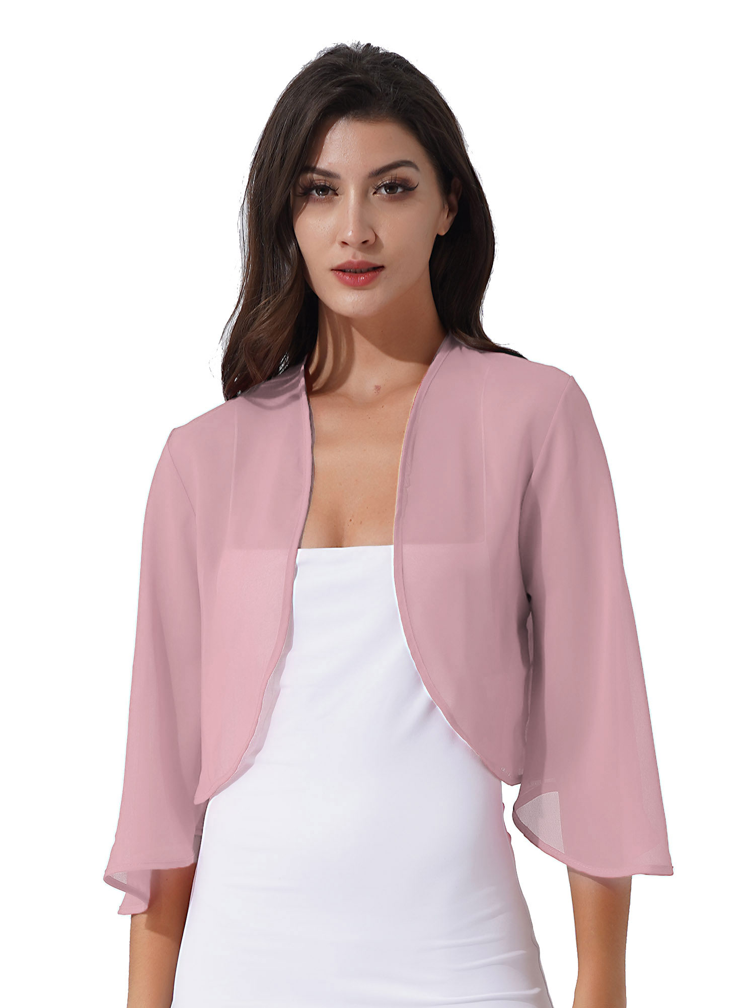 Womens 3/4 Sleeve Chiffon Cardigan Bolero Elegant Summer Ladies Wedding Wraps Shrug Bridal Bolero Long Shawl Evening Cover Up