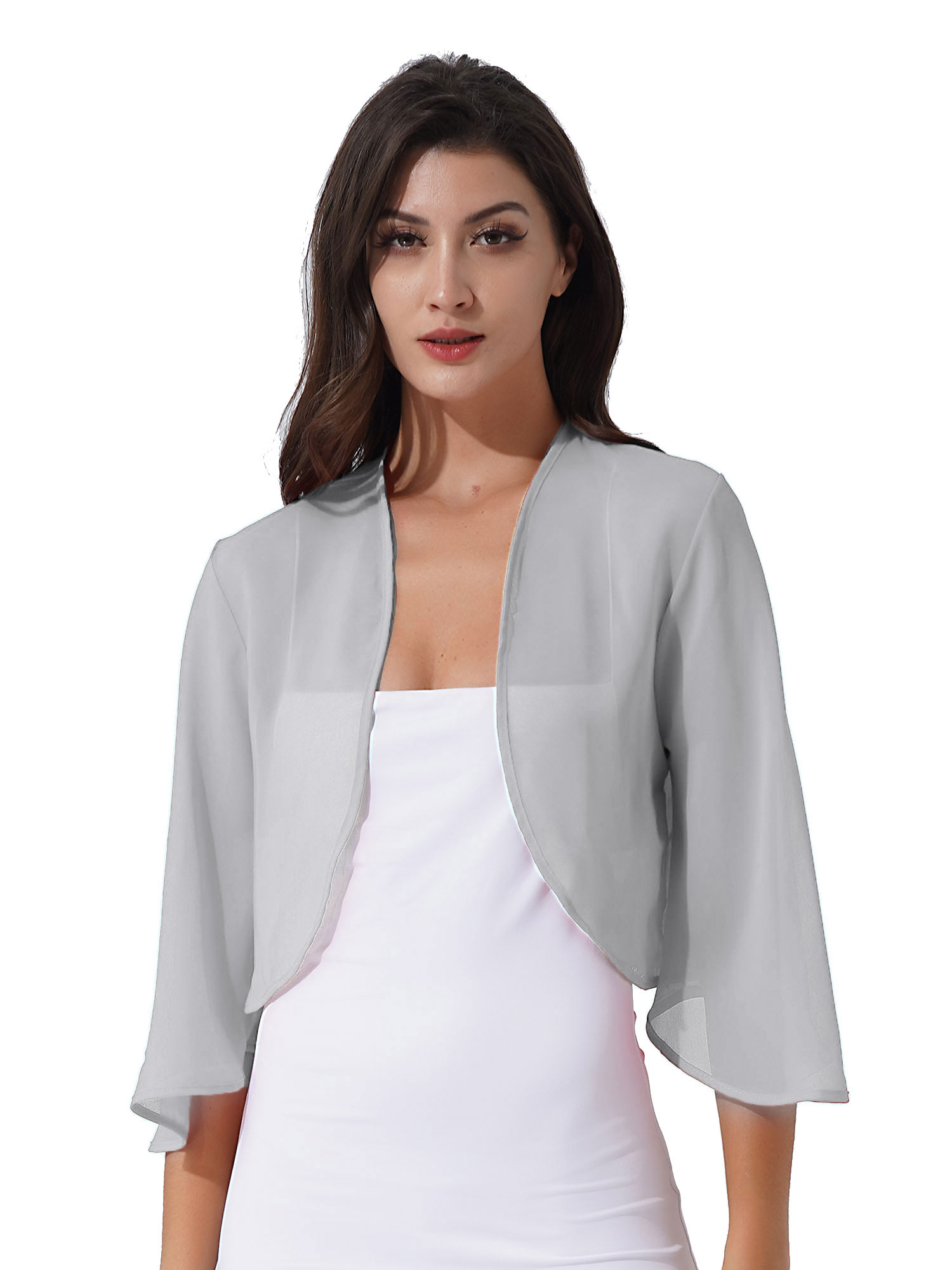 Womens 3/4 Sleeve Chiffon Cardigan Bolero Elegant Summer Ladies Wedding Wraps Shrug Bridal Bolero Long Shawl Evening Cover Up