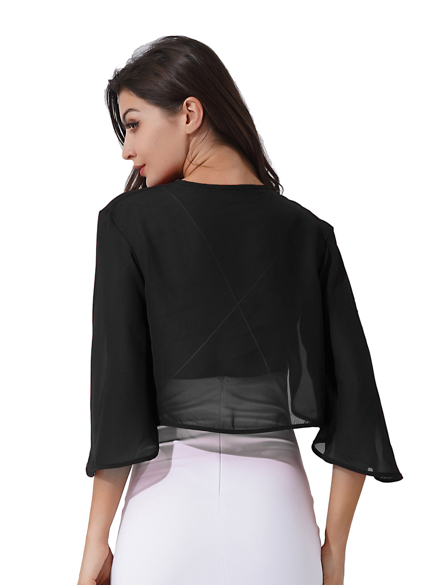 Womens 3/4 Sleeve Chiffon Cardigan Bolero Elegant Summer Ladies Wedding Wraps Shrug Bridal Bolero Long Shawl Evening Cover Up