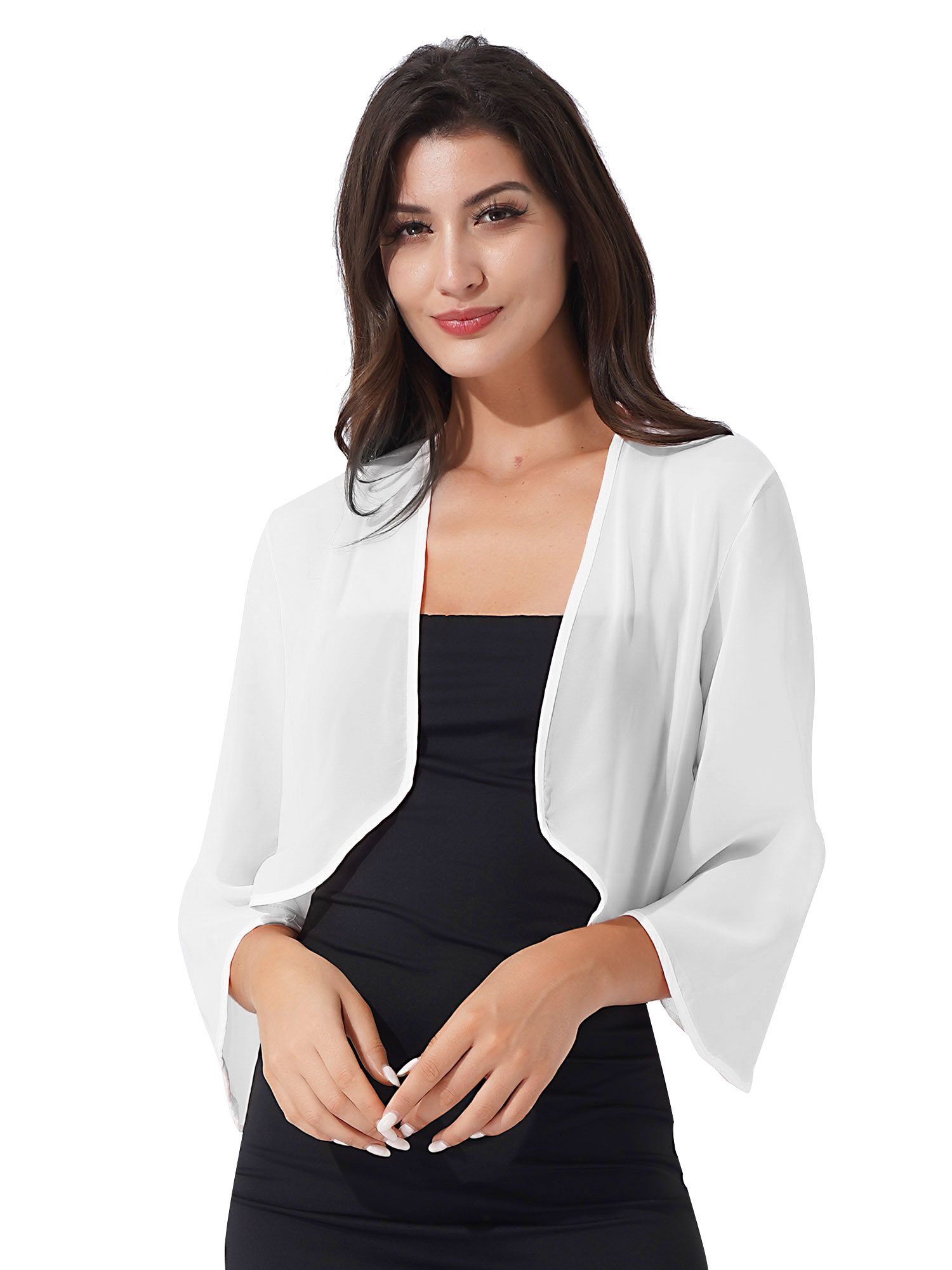 Womens 3/4 Sleeve Chiffon Cardigan Bolero Elegant Summer Ladies Wedding Wraps Shrug Bridal Bolero Long Shawl Evening Cover Up