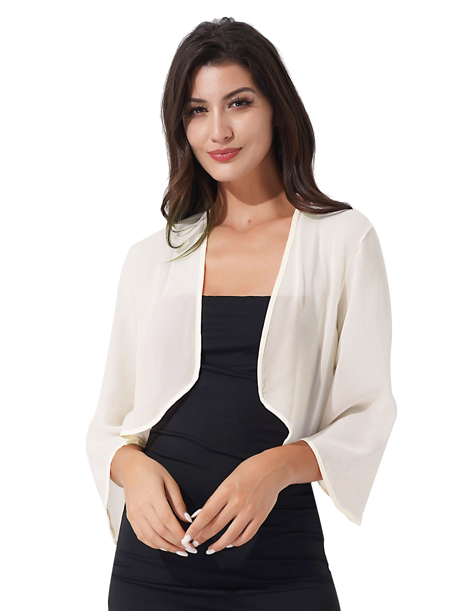 Womens 3/4 Sleeve Chiffon Cardigan Bolero Elegant Summer Ladies Wedding Wraps Shrug Bridal Bolero Long Shawl Evening Cover Up