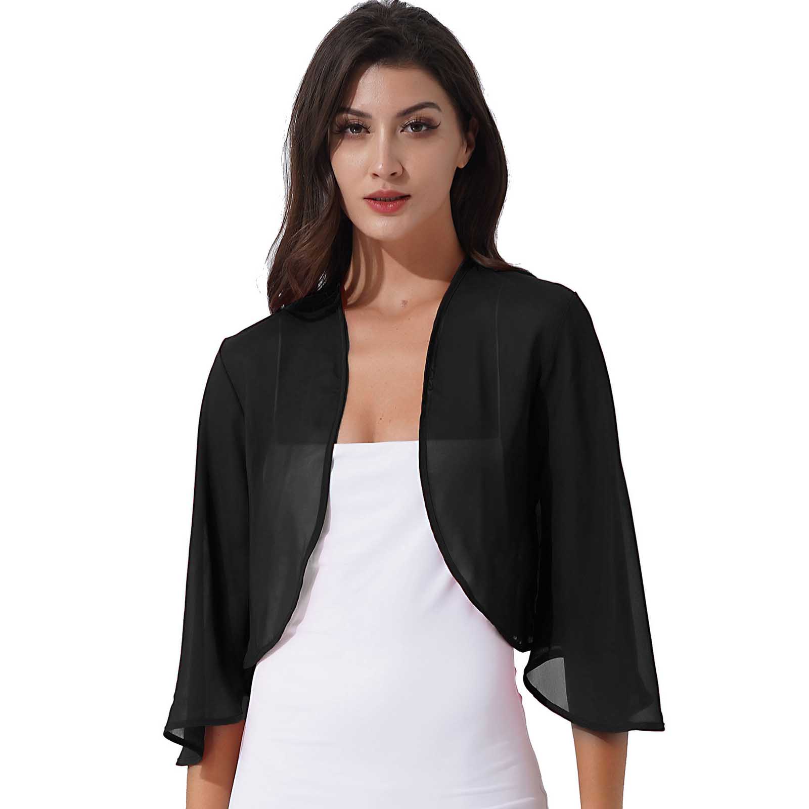 Womens 3/4 Sleeve Chiffon Cardigan Bolero Elegant Summer Ladies Wedding Wraps Shrug Bridal Bolero Long Shawl Evening Cover Up