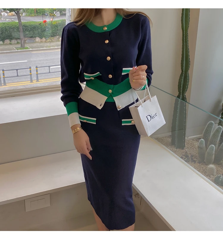 New Slim Knitted Two Piece Set for Women Korean Fashion Autumn Winter Long Sleeve Cardigan Sweater + Long Skirt Sets Outfits