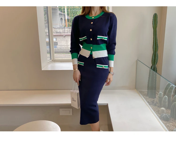 New Slim Knitted Two Piece Set for Women Korean Fashion Autumn Winter Long Sleeve Cardigan Sweater + Long Skirt Sets Outfits