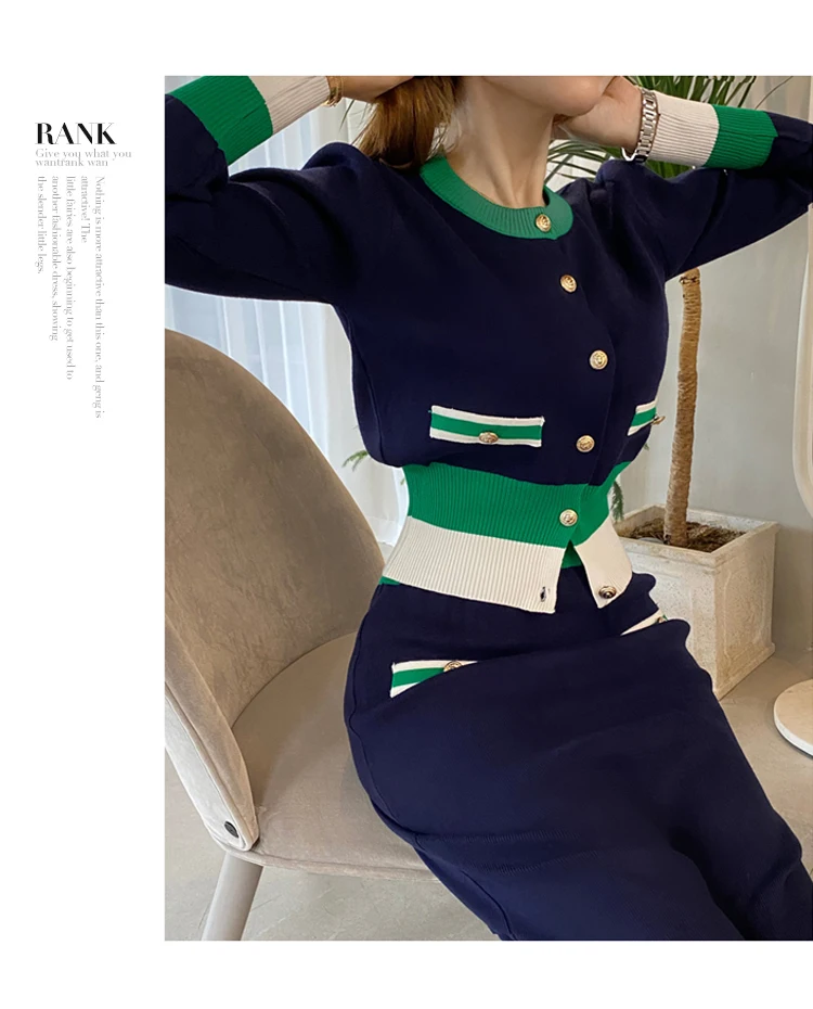 New Slim Knitted Two Piece Set for Women Korean Fashion Autumn Winter Long Sleeve Cardigan Sweater + Long Skirt Sets Outfits