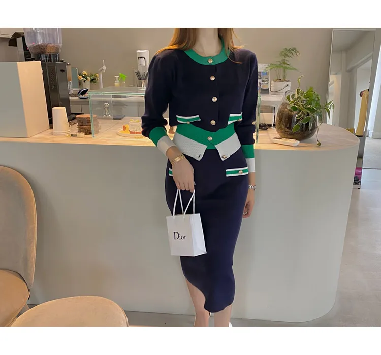New Slim Knitted Two Piece Set for Women Korean Fashion Autumn Winter Long Sleeve Cardigan Sweater + Long Skirt Sets Outfits