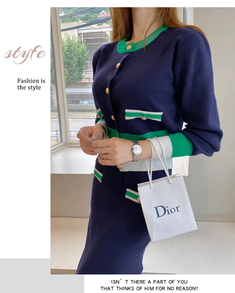 New Slim Knitted Two Piece Set for Women Korean Fashion Autumn Winter Long Sleeve Cardigan Sweater + Long Skirt Sets Outfits
