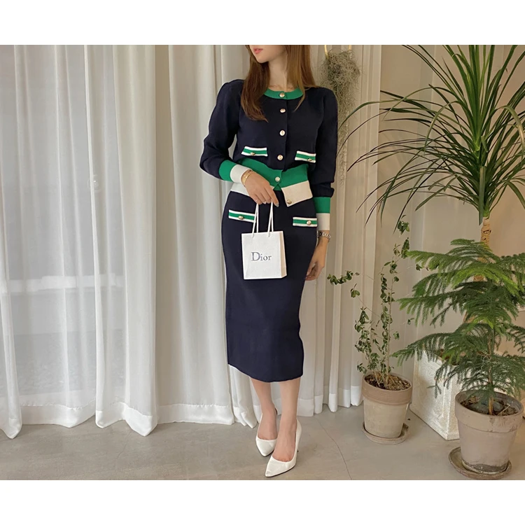 New Slim Knitted Two Piece Set for Women Korean Fashion Autumn Winter Long Sleeve Cardigan Sweater + Long Skirt Sets Outfits
