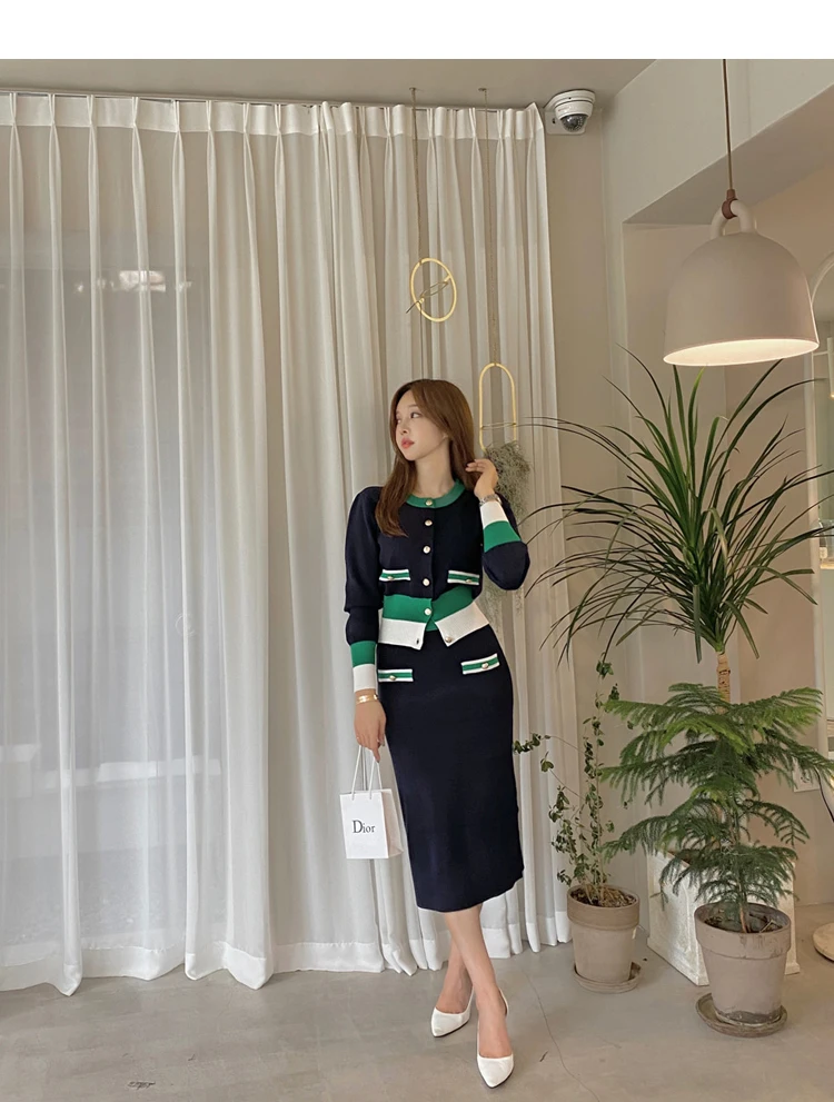 New Slim Knitted Two Piece Set for Women Korean Fashion Autumn Winter Long Sleeve Cardigan Sweater + Long Skirt Sets Outfits