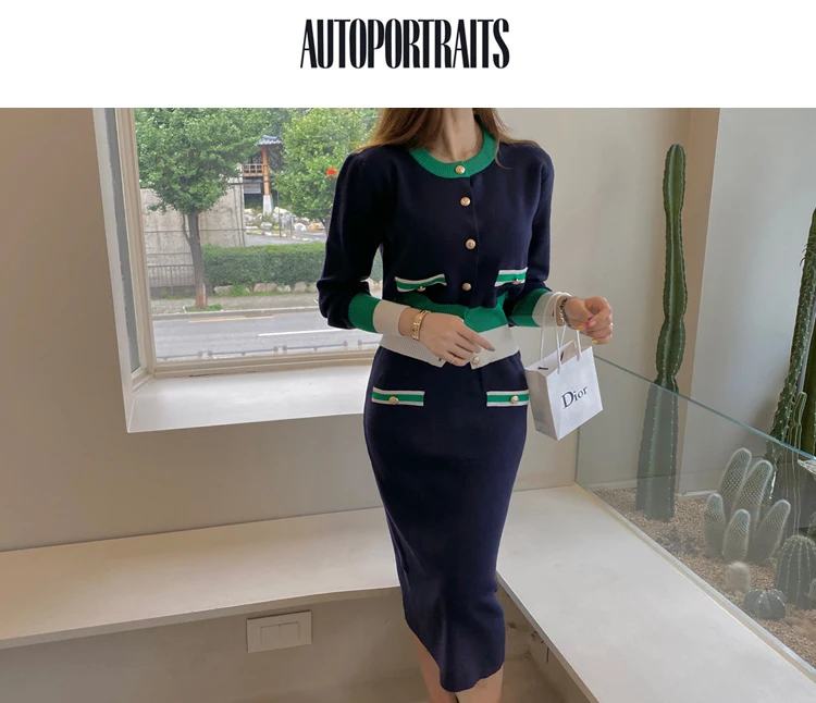 New Slim Knitted Two Piece Set for Women Korean Fashion Autumn Winter Long Sleeve Cardigan Sweater + Long Skirt Sets Outfits