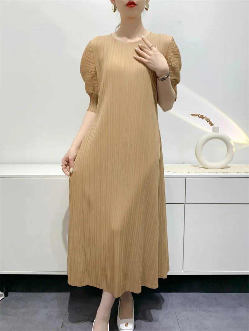 YUDX Miyake Pleated Fashion Women's Dresses Loose Plus Size Medium-length Round Neck Short-sleeved Girls Dresses 2024 Summer New