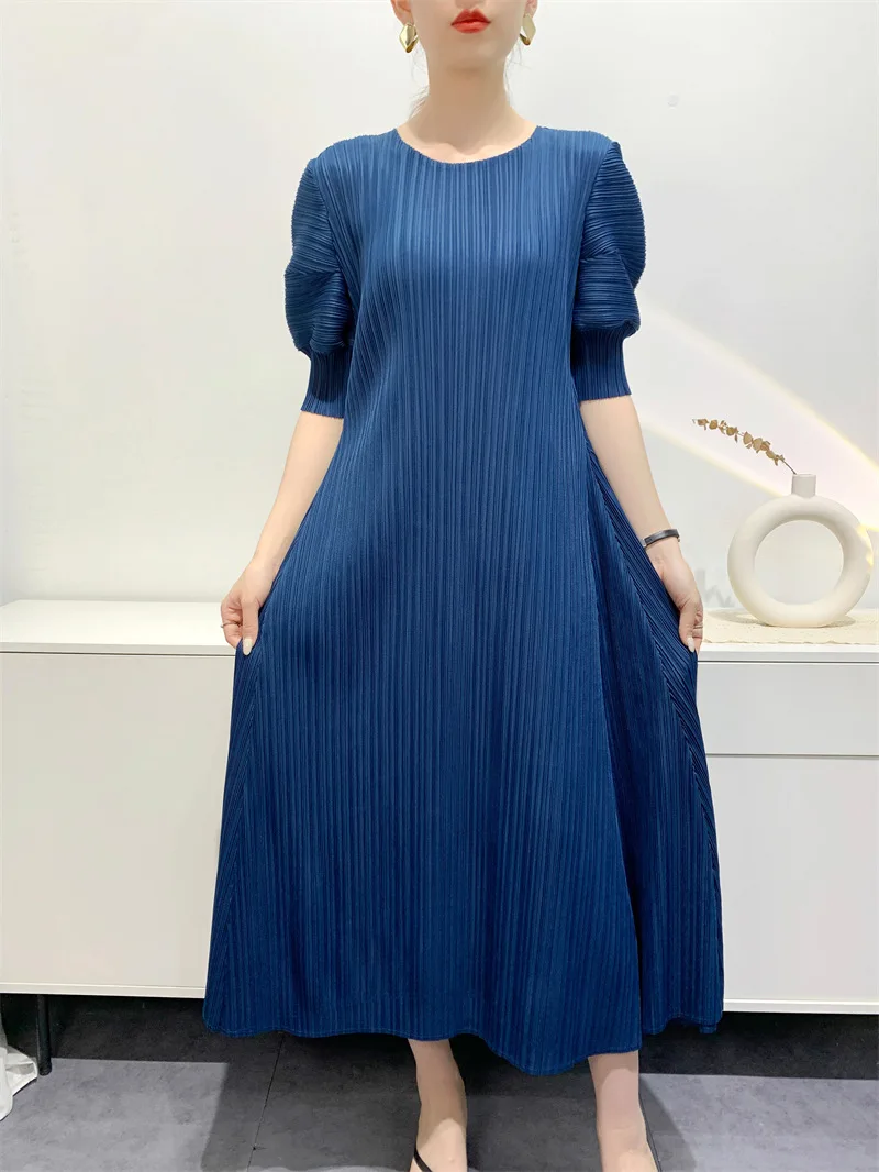 YUDX Miyake Pleated Fashion Women's Dresses Loose Plus Size Medium-length Round Neck Short-sleeved Girls Dresses 2024 Summer New