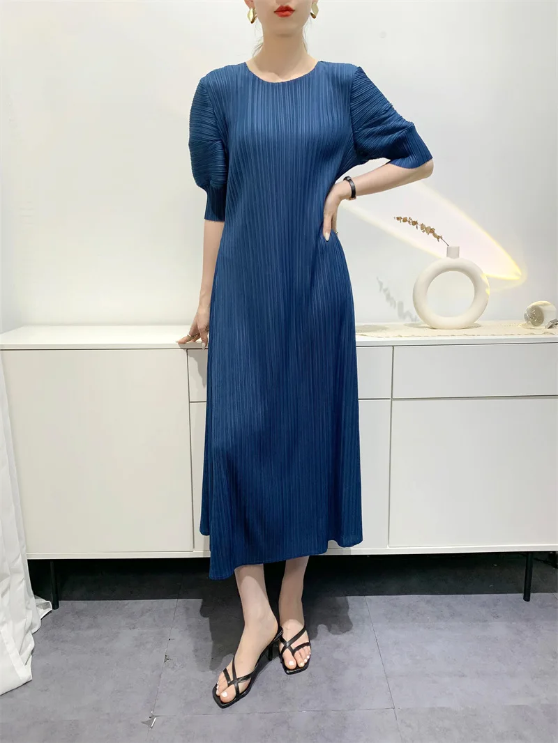 YUDX Miyake Pleated Fashion Women's Dresses Loose Plus Size Medium-length Round Neck Short-sleeved Girls Dresses 2024 Summer New