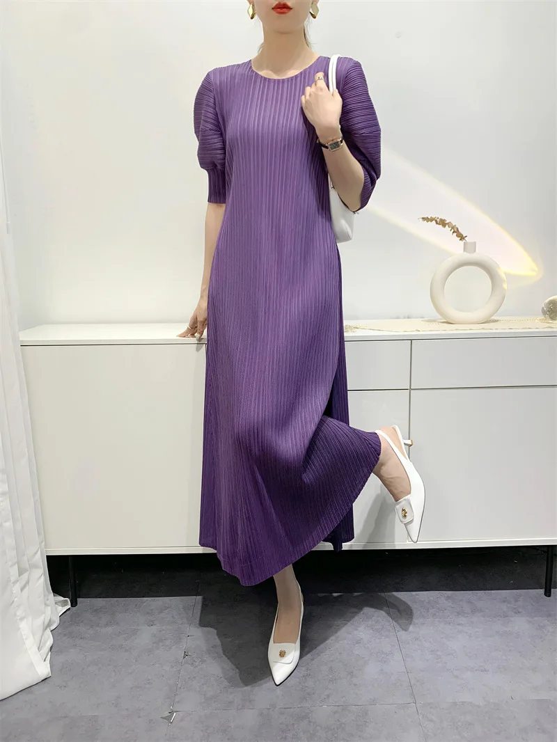 YUDX Miyake Pleated Fashion Women's Dresses Loose Plus Size Medium-length Round Neck Short-sleeved Girls Dresses 2024 Summer New