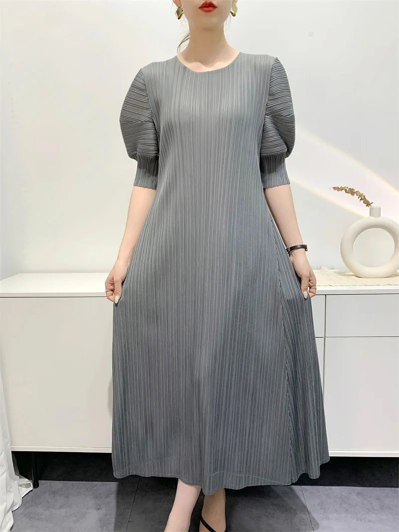 YUDX Miyake Pleated Fashion Women's Dresses Loose Plus Size Medium-length Round Neck Short-sleeved Girls Dresses 2024 Summer New