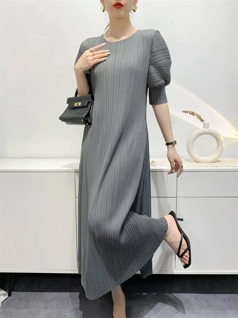 YUDX Miyake Pleated Fashion Women's Dresses Loose Plus Size Medium-length Round Neck Short-sleeved Girls Dresses 2024 Summer New