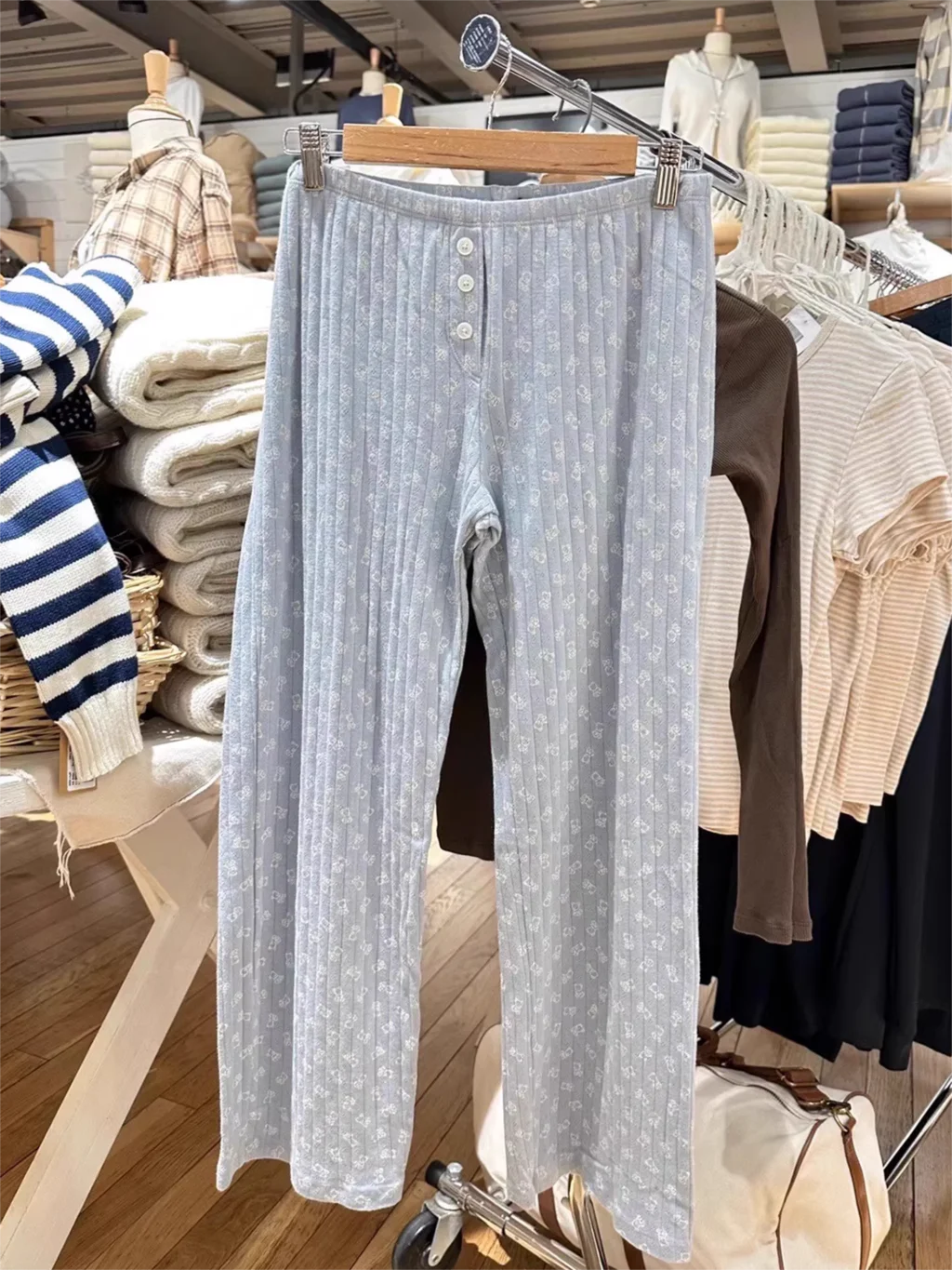 Cute Little Bears Eyelet Long Pant For Woman Clothes Elastic High Waist Straight Trousers Autumn Sweet Casual Cotton Pants New