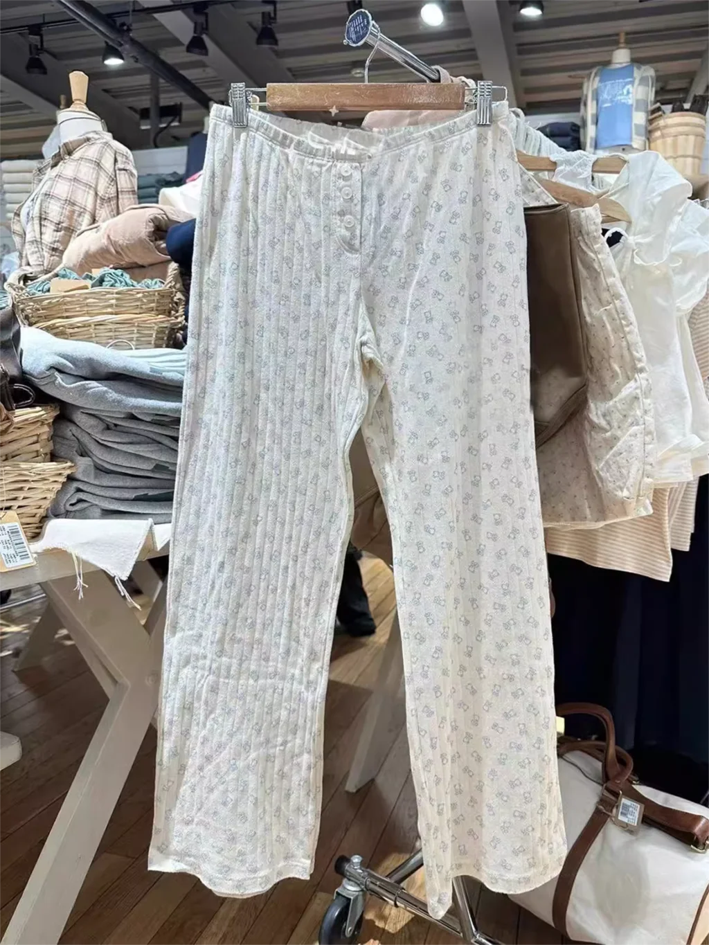 Cute Little Bears Eyelet Long Pant For Woman Clothes Elastic High Waist Straight Trousers Autumn Sweet Casual Cotton Pants New