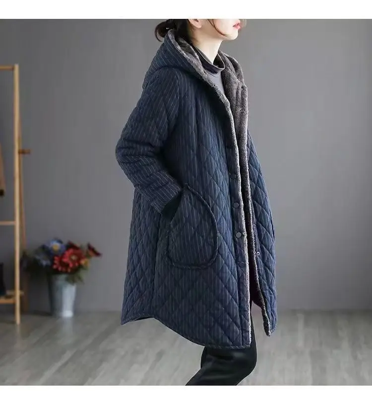 2026 Autumn Winter New Striped Cotton Jacket Women Warm Plush Thicken Hooded Coat Fashion Loose Female Casual Long Overcoat