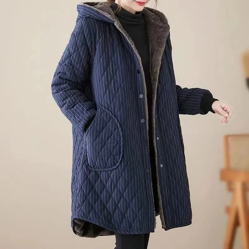 2026 Autumn Winter New Striped Cotton Jacket Women Warm Plush Thicken Hooded Coat Fashion Loose Female Casual Long Overcoat