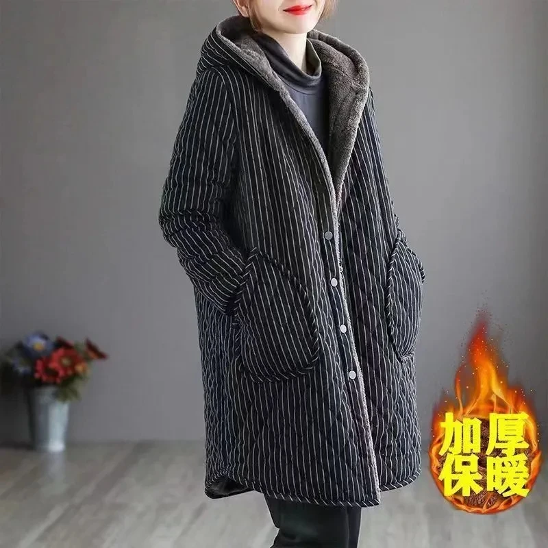 2026 Autumn Winter New Striped Cotton Jacket Women Warm Plush Thicken Hooded Coat Fashion Loose Female Casual Long Overcoat