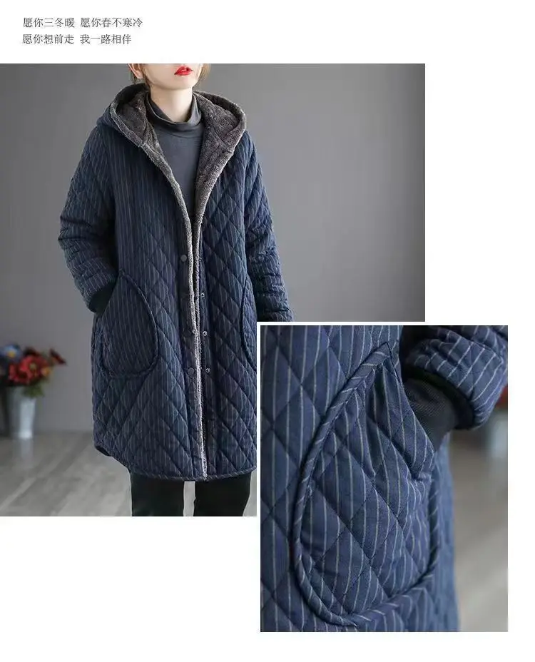 2026 Autumn Winter New Striped Cotton Jacket Women Warm Plush Thicken Hooded Coat Fashion Loose Female Casual Long Overcoat