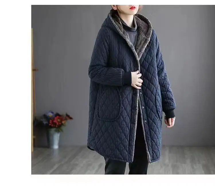 2026 Autumn Winter New Striped Cotton Jacket Women Warm Plush Thicken Hooded Coat Fashion Loose Female Casual Long Overcoat