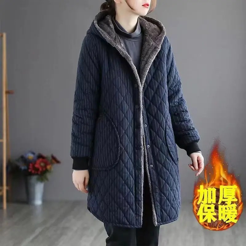 2026 Autumn Winter New Striped Cotton Jacket Women Warm Plush Thicken Hooded Coat Fashion Loose Female Casual Long Overcoat