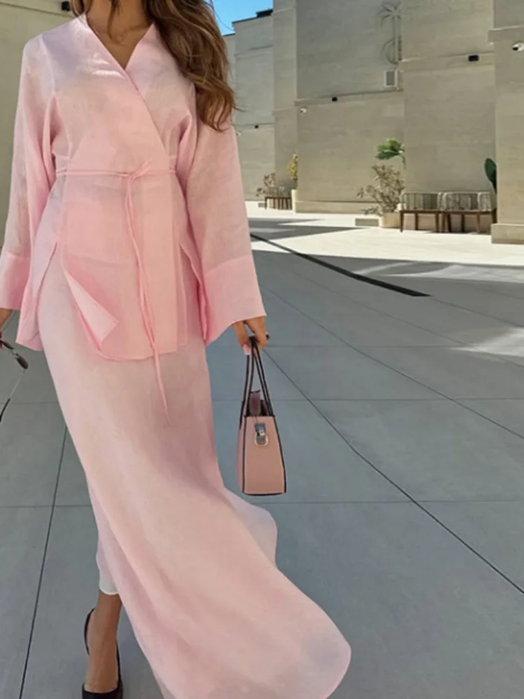 2026 New Fashion Women Casual Long Sleeve Blouse Maxi Skirts Suits 2PCS Matching Sets Elegant Dubai Turkey Set Muslim Dress Sets