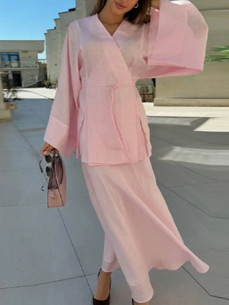 2026 New Fashion Women Casual Long Sleeve Blouse Maxi Skirts Suits 2PCS Matching Sets Elegant Dubai Turkey Set Muslim Dress Sets