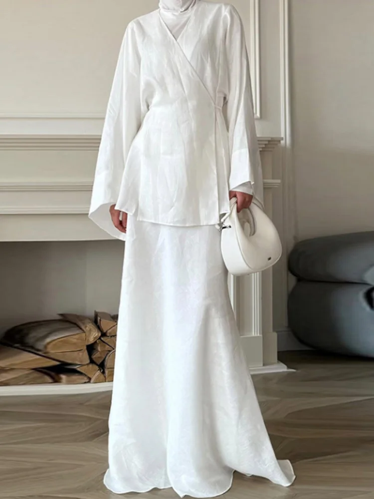 2026 New Fashion Women Casual Long Sleeve Blouse Maxi Skirts Suits 2PCS Matching Sets Elegant Dubai Turkey Set Muslim Dress Sets