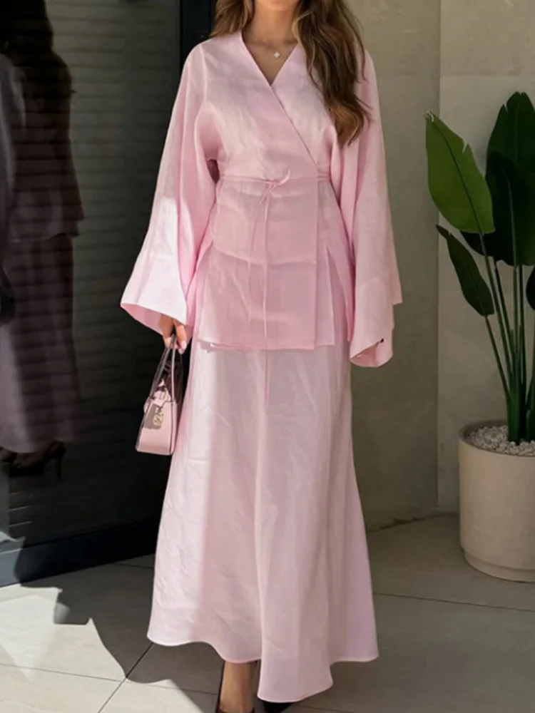 2026 New Fashion Women Casual Long Sleeve Blouse Maxi Skirts Suits 2PCS Matching Sets Elegant Dubai Turkey Set Muslim Dress Sets