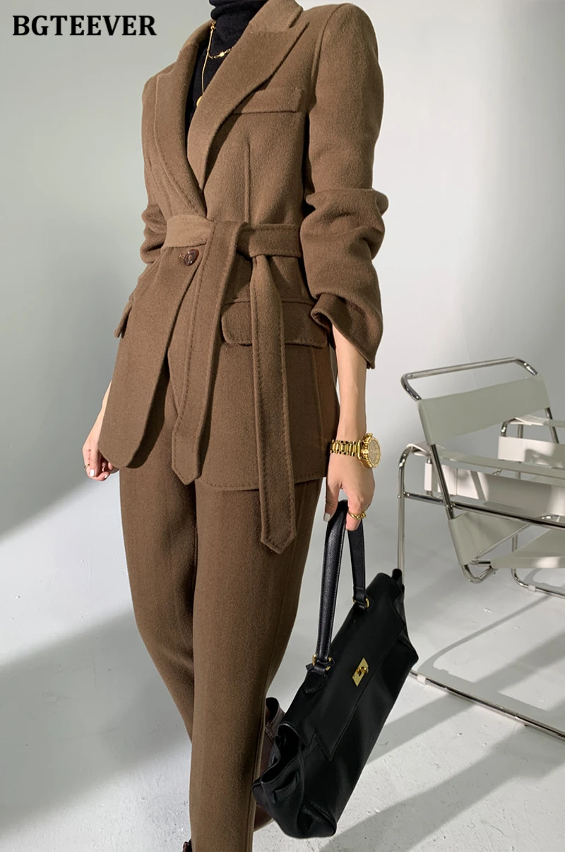 BGTEEVER Autumn Winter Woolen Pant Suits Women Thick Belted Jackets Ladies Wool Pants Warm Trousers Set Female