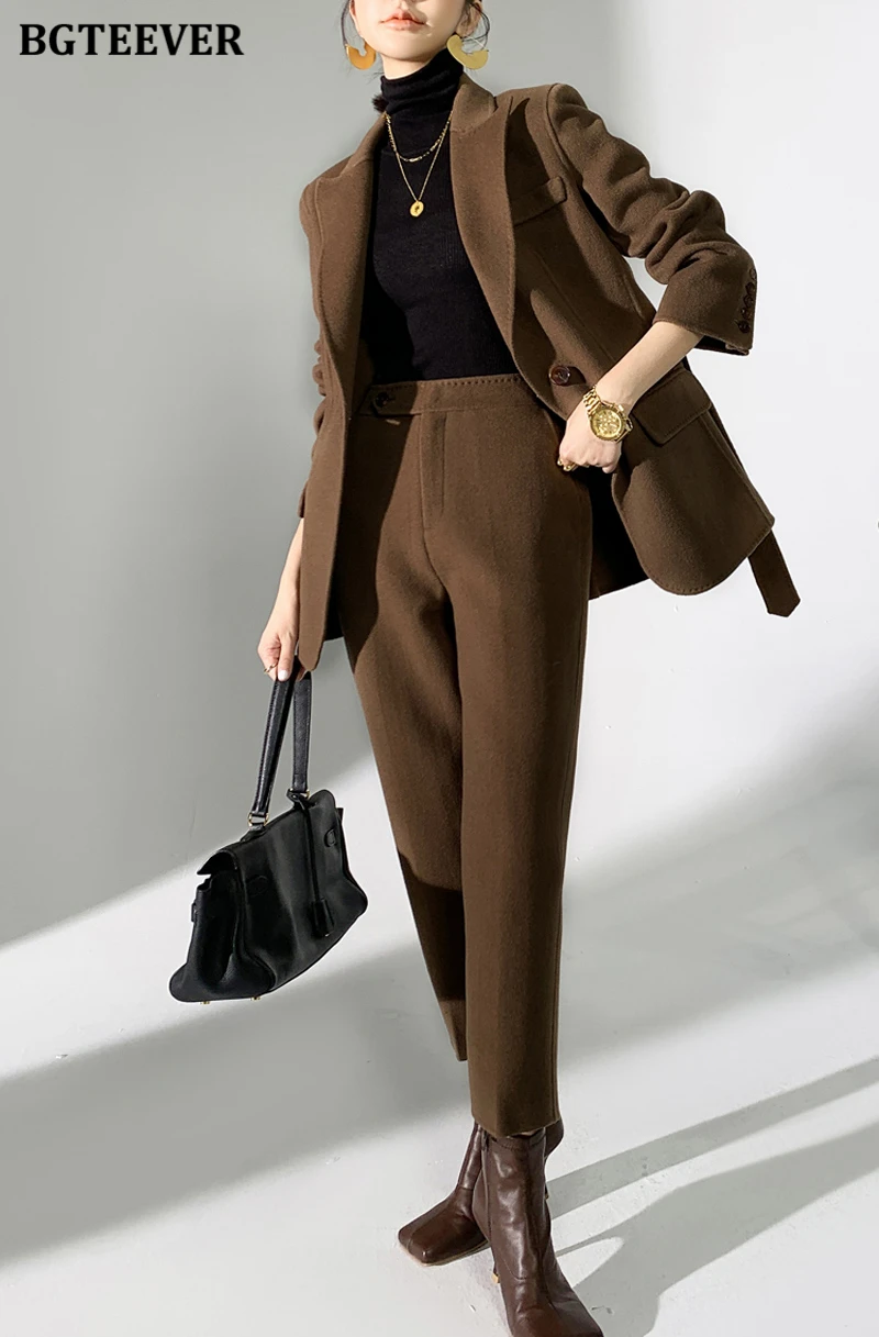 BGTEEVER Autumn Winter Woolen Pant Suits Women Thick Belted Jackets Ladies Wool Pants Warm Trousers Set Female