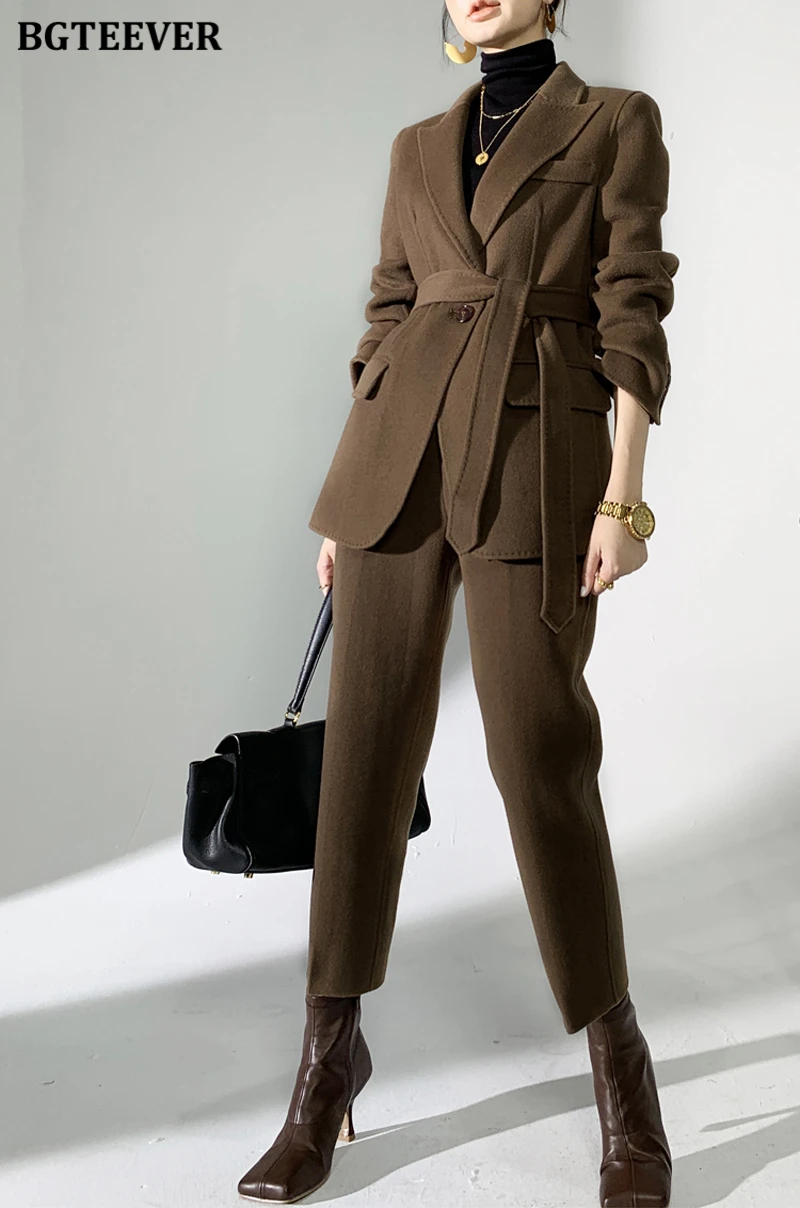 BGTEEVER Autumn Winter Woolen Pant Suits Women Thick Belted Jackets Ladies Wool Pants Warm Trousers Set Female