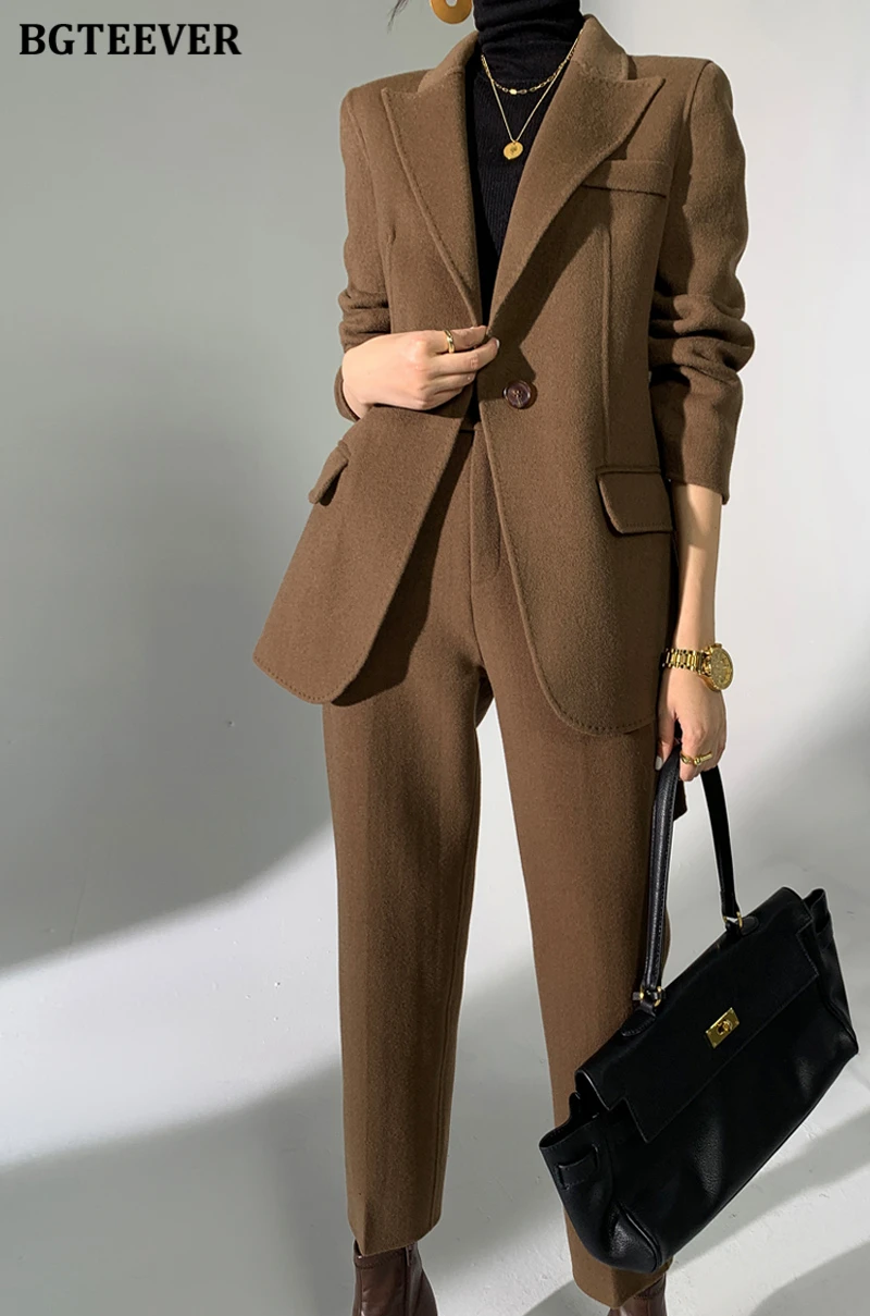 BGTEEVER Autumn Winter Woolen Pant Suits Women Thick Belted Jackets Ladies Wool Pants Warm Trousers Set Female